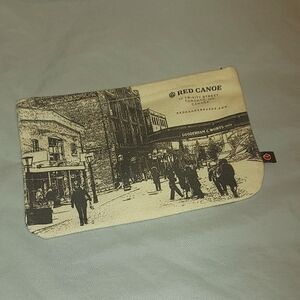 Red Canoe Tan Zippered Pouch With Vintage Distillery Prints - New Without Tags